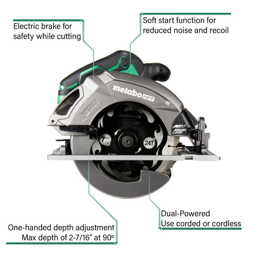 Metabo HPT (was Hitachi Power Tools) MultiVolt 36-Volt 7-1/4-in Brushless Hybrid Cordless and Corded Circular Saw with Brake and Aluminum Alloy Die Casting Shoe, photo 2 of 13