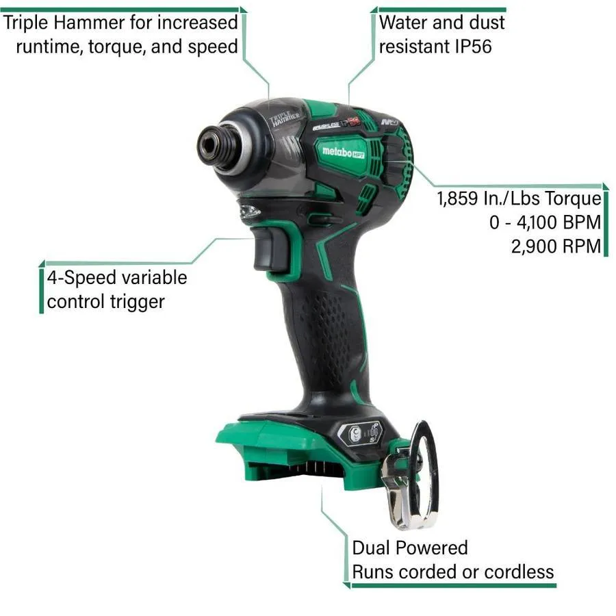 Metabo HPT (was Hitachi Power Tools) MultiVolt 36-Volt 1/4-in; 1/2-in Variable Speed Brushless Hybrid Cordless and Corded Impact Driver, photo 2 of 10