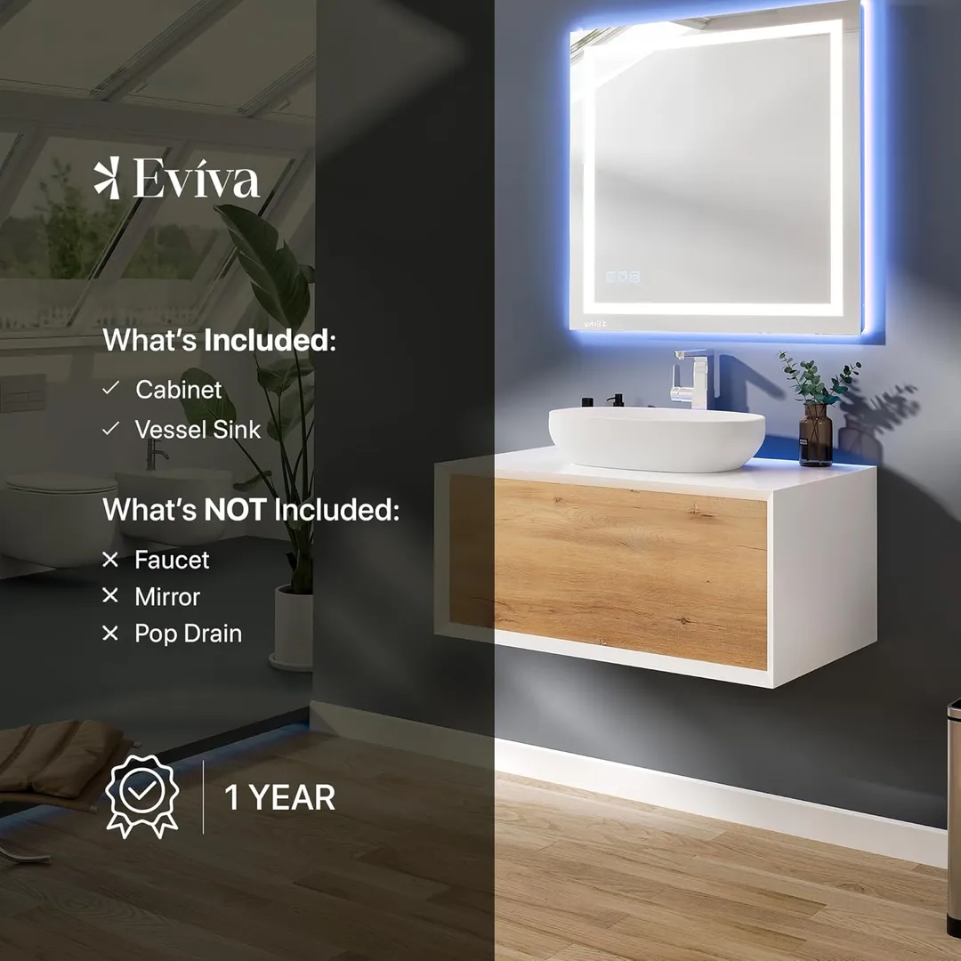 Eviva Santa Monica 36 in. W x 22 in. D x 16 in. H Wall-Mount Single Bath Vanity in White with White Vessel Sink, photo 6 of 6