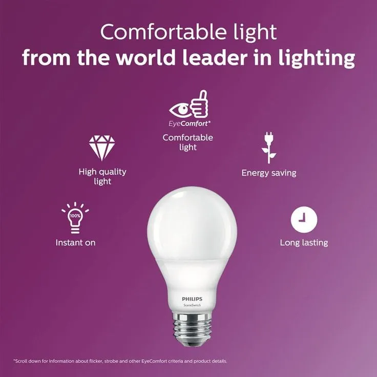 Philips 60-Watt Equivalent A19 SceneSwitch LED Light Bulb Soft White (2700K)/Amber (2500K)/ Warm Glow (2200K) (4-Pack), photo 5 of 7