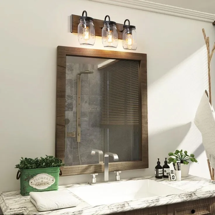 Vanity Araphi 3-Light Black Modern Farmhouse Metal Bathroom Wall Sconce with Walnut Wood Accents LED Compatible, photo 10 of 10