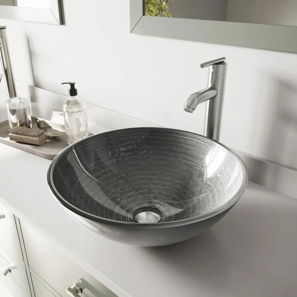 Glass Vessel Bathroom Sink in Gray Onyx and Seville Faucet Set in Matte Black, photo 21 of 27