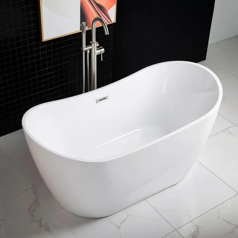 WOODBRIDGE Ladlow 59 in. Acrylic Freestanding Double Slipper Flat Bottom Soaking Bathtub with Drain and Overflow Included in White, photo 2 of 17