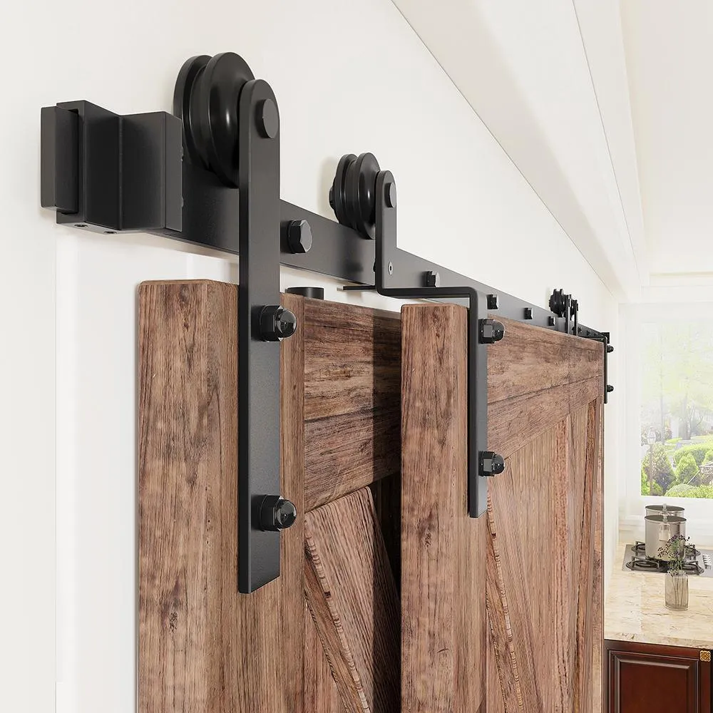 WINSOON 12 ft./144 in. Single Track Bypass Sliding Barn Door Hardware Kit for Double Doors Low Ceiling, photo 4 of 7