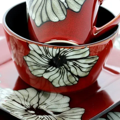 Winter Bloom 16-Piece Asian Inspired Red Earthenware Dinnerware Set