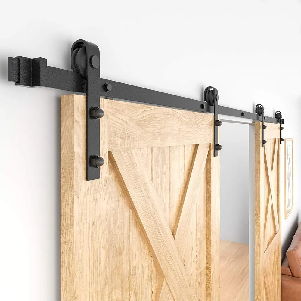 WINSOON 16 ft. /192 in. Frosted Black Sliding Barn Door Hardware Track Kit for Double Doors with Non-Routed Floor Guide, photo 3 of 7