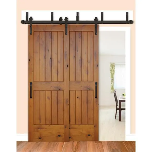 Pacific Entries 48in.x80in.Bypass Rustic Pref 2-PNL V-Groove Solid Core Knotty Alder Wood Sliding Barn Door with Bronze HardwareKit, photo 5 of 6