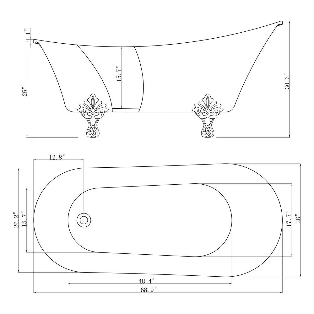 69 in. Acrylic Double Slipper Clawfoot Non-Whirlpool Bathtub in Matte Antique Brass, photo 9 of 9