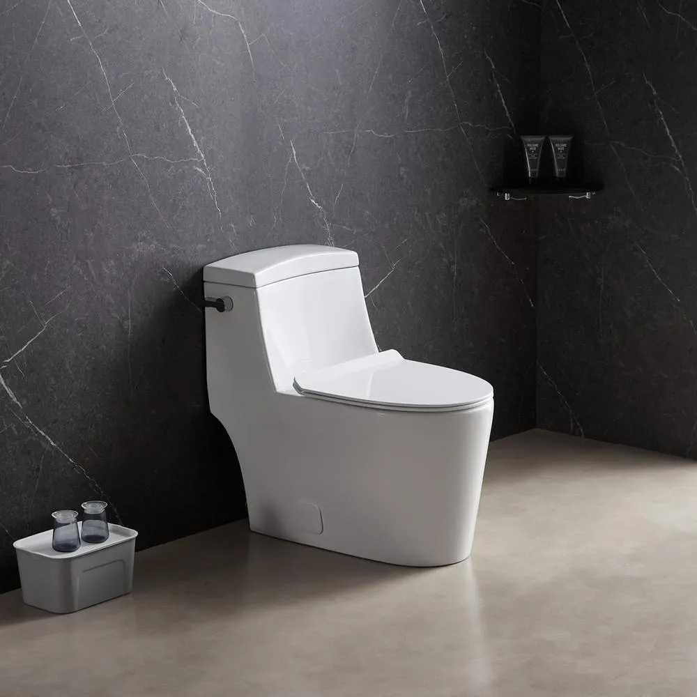 1-Piece 1.28 GPF High Efficiency Single-Flush Elongated Skirted Toilet All-in-One Toilet in White Seat Included, photo 6 of 10