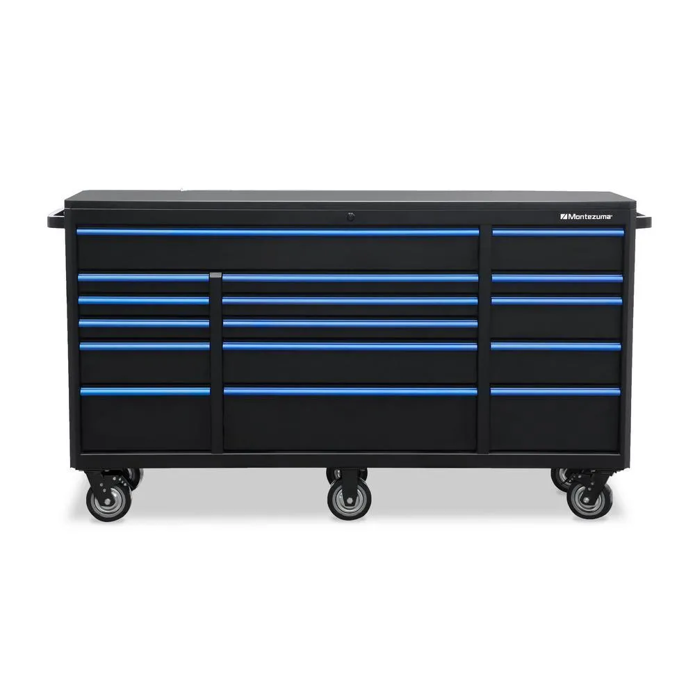 Montezuma 72 in. x 20 in. 16-Drawer Roller Cabinet Tool Chest with Power and USB Outlets in Black and Blue, photo 4 of 11