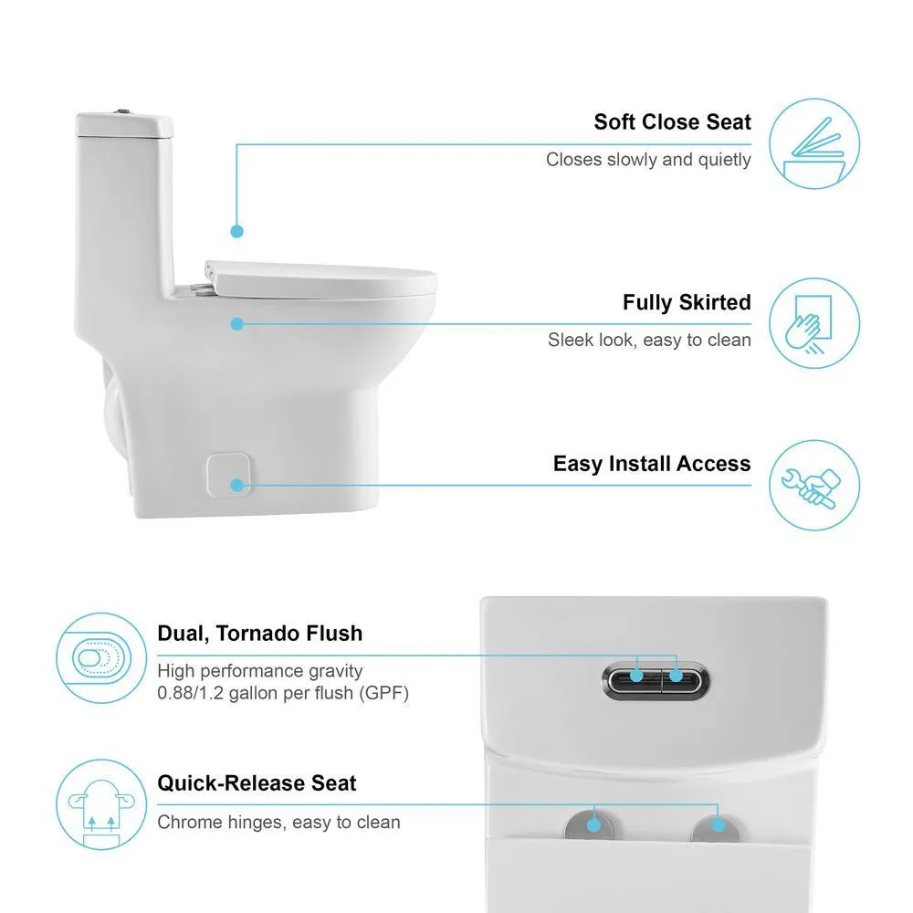 1-Piece Dual Flush 1.2 GPF/0.88 GPF High Efficiency Skirted Toilet Round Bowl All-in-One Toilet in White Seat Included, photo 8 of 10