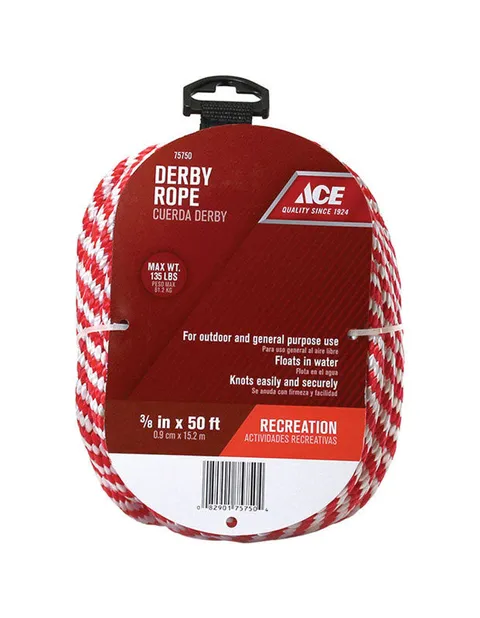 3/8 in deep · 50 ft long Red/White Solid Braided Poly Derby Rope
