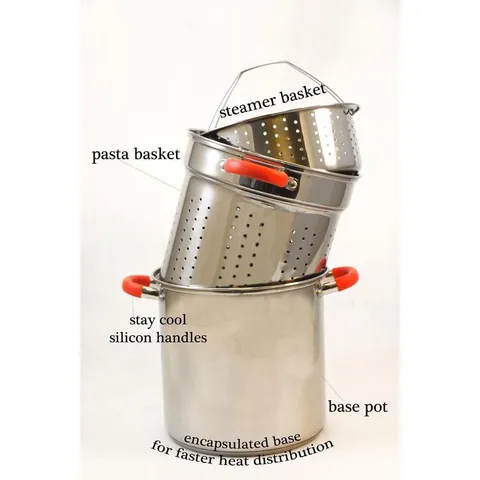 8 Qt. Stainless Steel Multi-Cooker Pasta Pot with Lid and Red Silicone Handles
