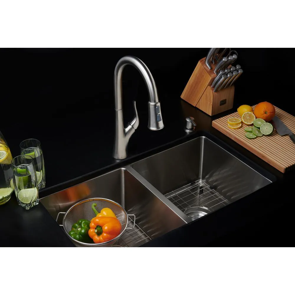 All-in-One Dual Mount Stainless Steel 33 in. 2-Hole 50/50 Double Bowl Kitchen Sink in Brushed Finish, photo 4 of 9