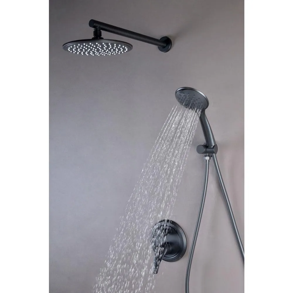 5-Spray Patterns with 2.66 GPM 9 in. Wall Mount Dual Shower Heads with Pressure Balance Round-In Valve in Matte Black, photo 4 of 12