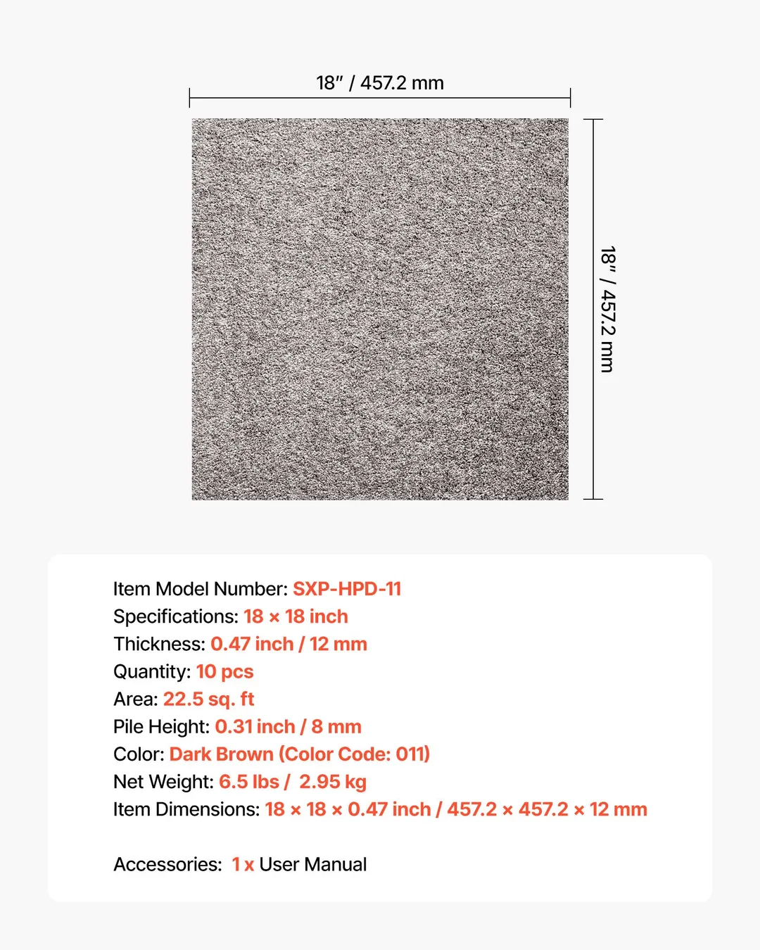 VEVOR 18-in x 18-in 10-Piece Peel-and-Stick Commercial Carpet Tiles – Dark Brown (22.5 sq. ft.), photo 7 of 9