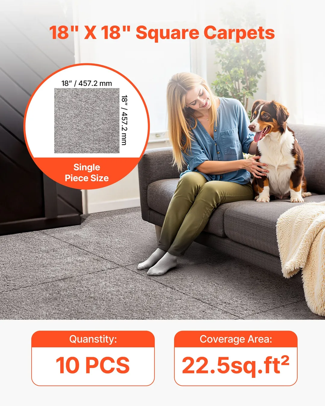 VEVOR 18-in x 18-in 10-Piece Peel-and-Stick Commercial Carpet Tiles – Dark Brown (22.5 sq. ft.), photo 2 of 9