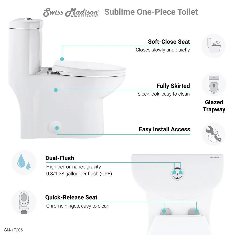 Sublime 1-Piece 0.8/1.28 GPF Dual Flush Elongated Toilet in White, photo 10 of 14