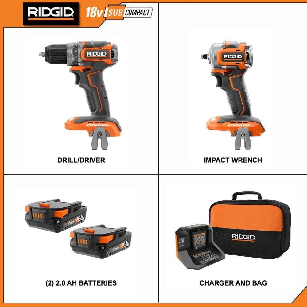 RIDGID 18-Volt SubCompact Li-Ion Brushless 1/2 in. Drill Kit with 3/8 in. Impact Wrench, (2) 2.0 Ah Battery, Charger, and Bag, photo 2 of 10