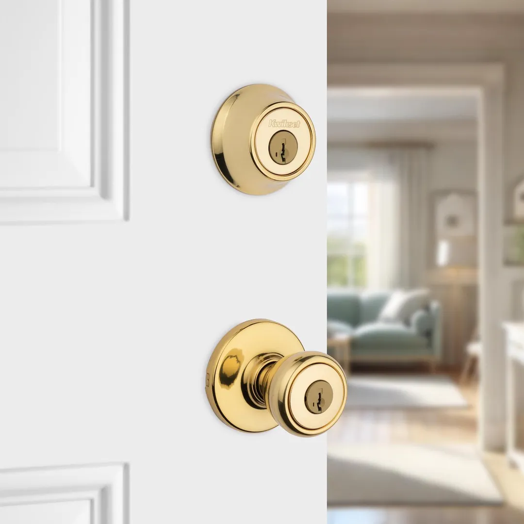 Kwikset Tylo Polished Brass Entry Lock and Double Cylinder Deadbolt, ANSI/BHMA Grade 3, 1-3/4 in., photo 2 of 8