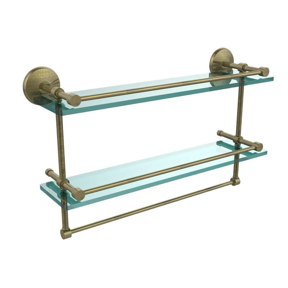 Allied Brass 22 in. L x 12 in. H x 5 in. W 2-Tier Clear Glass Bathroom Shelf with Towel Bar in Satin Nickel, photo 12 of 13