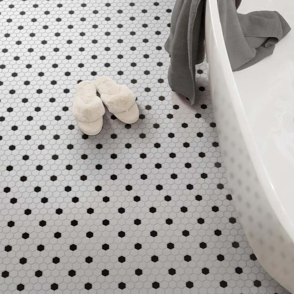 Merola Tile Madison Hex Matte 11-7/8 in. x 10-1/4 in. x 6mm Cool White with Black Dot Porcelain Mosaic Tile, photo 8 of 8