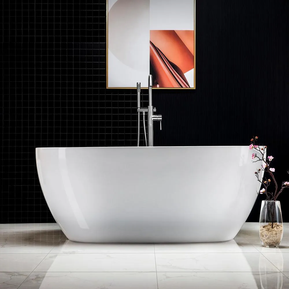 WOODBRIDGE Dieppe 59 in. Acrylic Double-Ended Flat Bottom Freestanding Bathtub with Chrome Overflow and Drain, White, photo 3 of 17