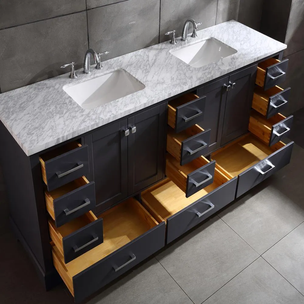 Eviva Storehouse 84 in. W x 22 in. D x 34 in. H Double Sink Bathroom Vanity in Dark Gray with White Carrara Marble Top and White Undermount Basins, photo 4 of 11