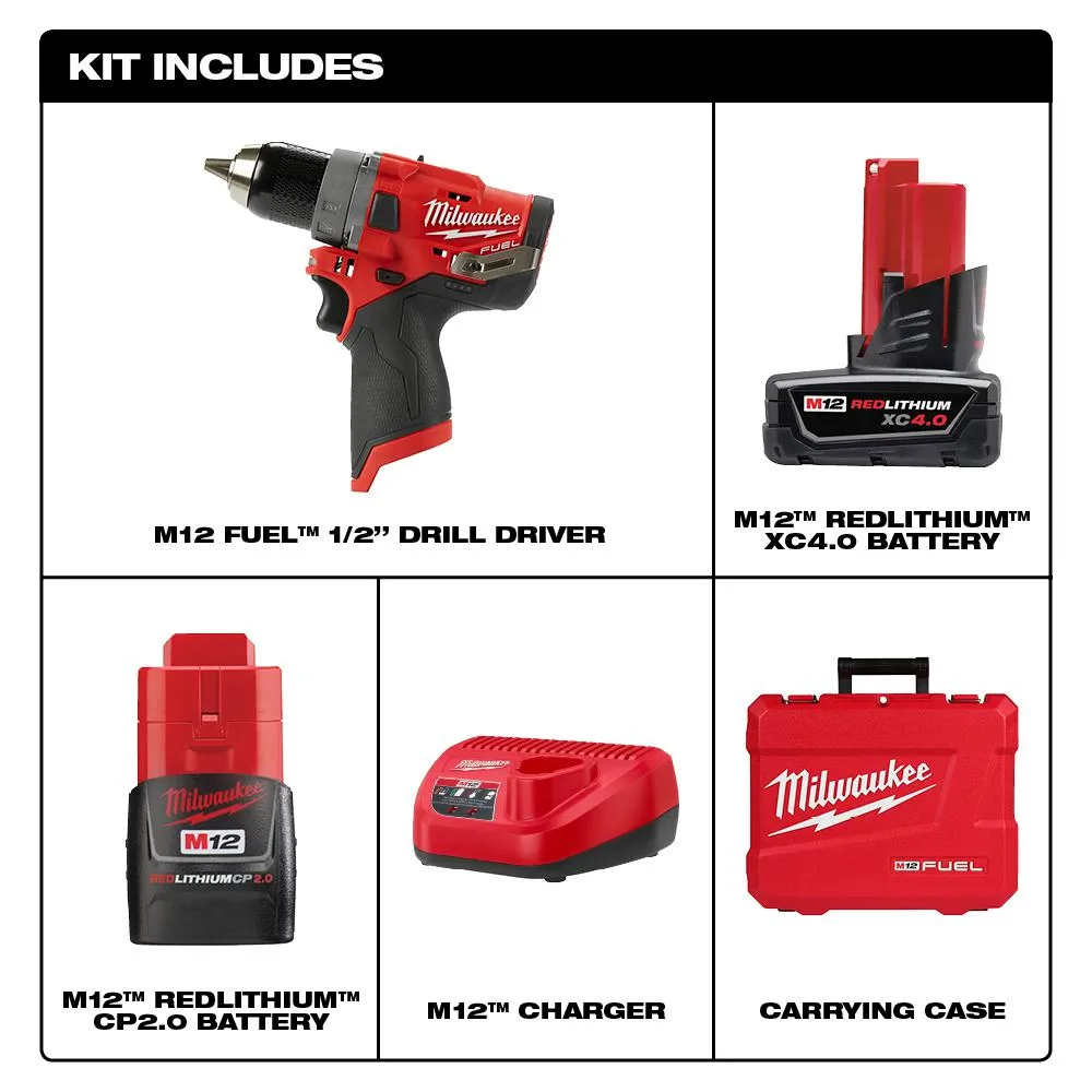 M12 FUEL 12-Volt Lithium-Ion Brushless Cordless 1/2 in. Drill Driver Kit W/ 4.0Ah & 2.0Ah Battery & Hard Case, photo 2 of 11