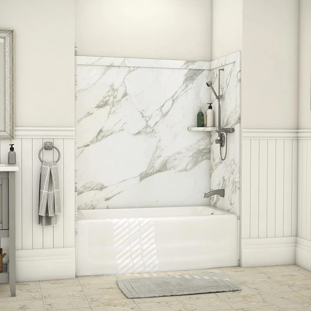 Elite 32 in. x 60 in. x 60 in. 9-Piece Easy Up Adhesive Tub Surround in Calacatta White, photo 22 of 25