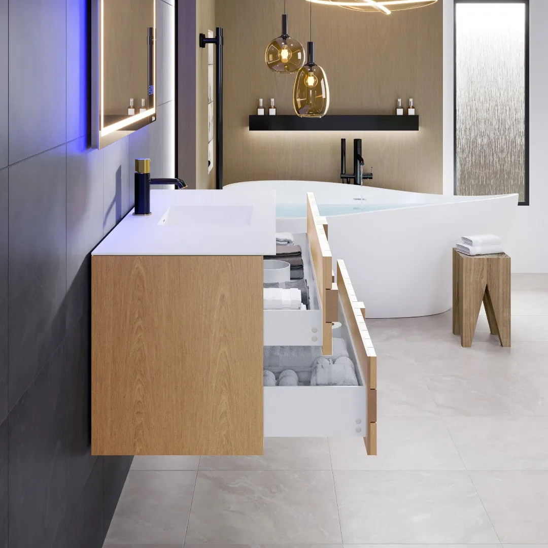 Eviva Mosaic 49"W x 20"D Natural Oak Wall Mount Bathroom Vanity with White Solid Surface Countertop and Integrated Sink, photo 6 of 7