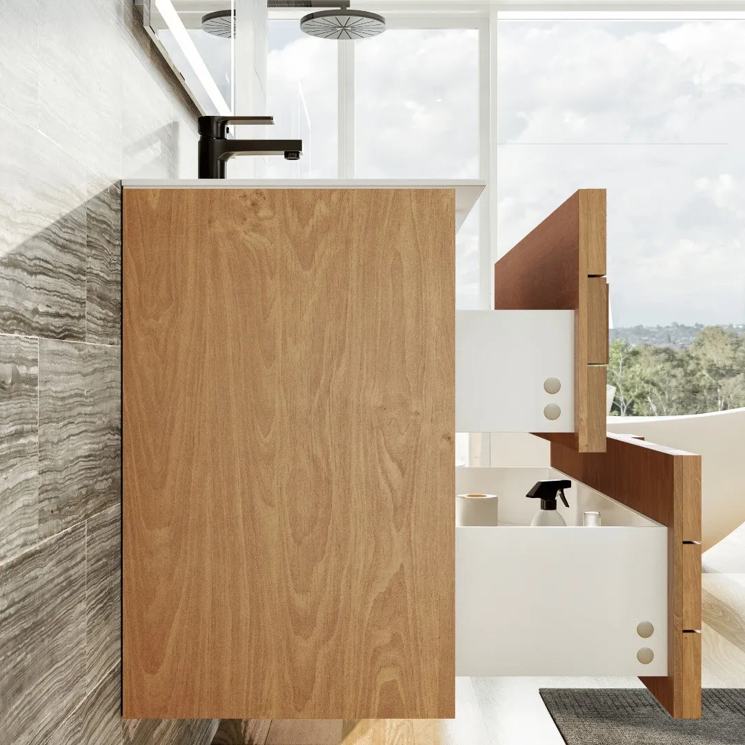 Eviva Mosaic 33"W x 20"D Natural Oak Wall Mount Bathroom Vanity with White Solid Surface Countertop and Integrated Sink, photo 6 of 7