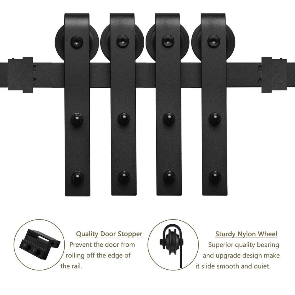 10 ft./120 in. Black Steel Sliding Barn Door Track and Hardware Kit for Double Doors with Floor Guide (J-Shape Hanger), photo 5 of 6