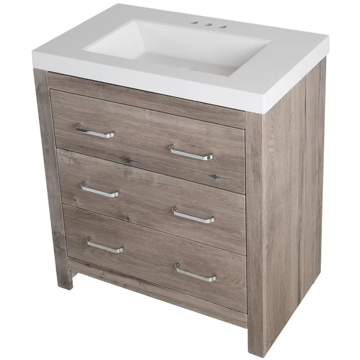 Woodbrook 31 in. W x 19 in. D Bath Vanity in White Washed Oak with Cultured Marble Vanity Top in White with White Sink, photo 2 of 11