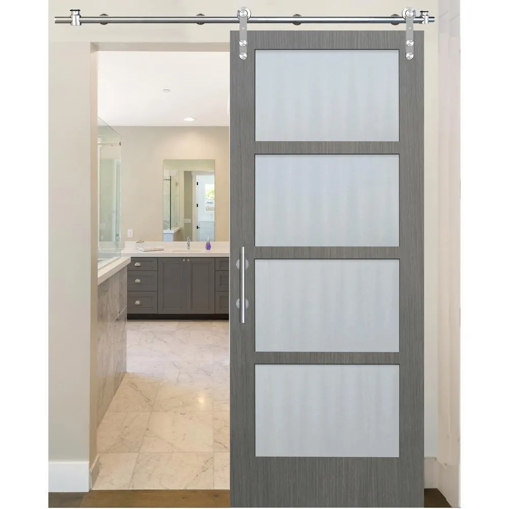 Pacific Entries 36 in. x 84 in. 4-Lite Driftwood Clear Coat Interior Sliding Barn Door with Round Stainless Steel Hardware Kit, photo 2 of 3
