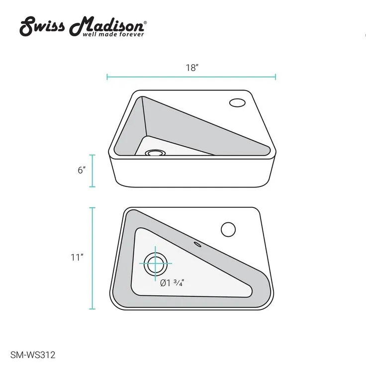 Swiss Madison Plaisir 18 in. x 11 in. Ceramic Wall Hung Vessel Sink with Right Side Faucet Mount in White, photo 6 of 6
