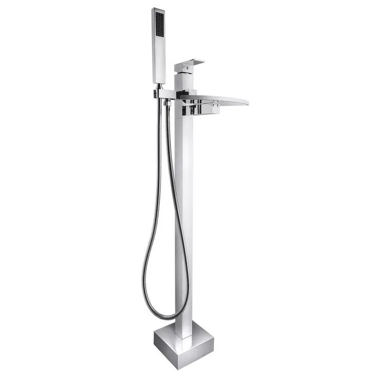 1-Handle Freestanding Floor Mount Roman Tub Faucet Bathtub Filler with Waterfall Style and Hand Shower in Chrome, photo 6 of 10