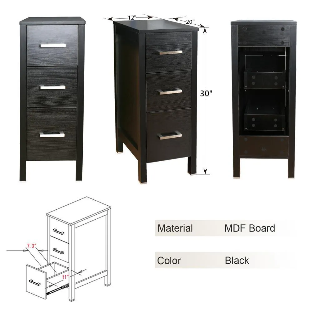 CASAINC 20 in. W x 12 in. D x 30 in. H Bathroom Vanity Cabinet Linen Cabinet with Three Drawers in Black, photo 3 of 9