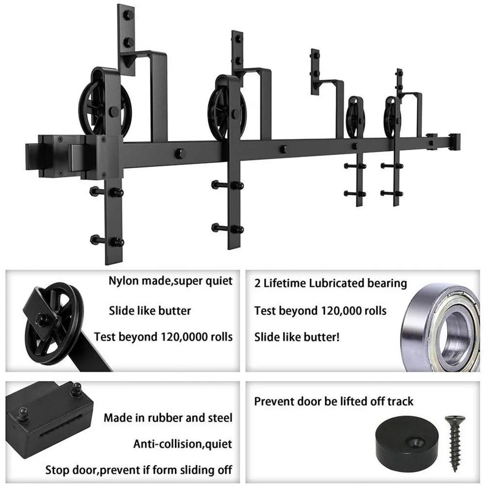 WINSOON 11 ft./132 in. Black Sliding Bypass Barn Door Hardware Track Kit for Double Doors with Non-Routed Floor Guide, photo 6 of 7