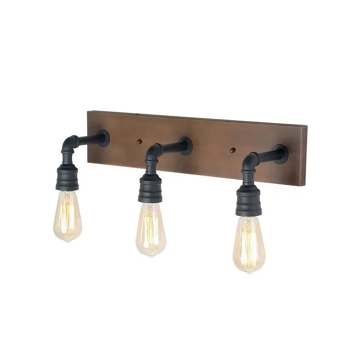 LNC Wayner 3-Light Black Farmhouse Bath Vanity Light Water Pipe Wall Sconce with Painted Chesnut Wood Accent LED Compatible, photo 9 of 11