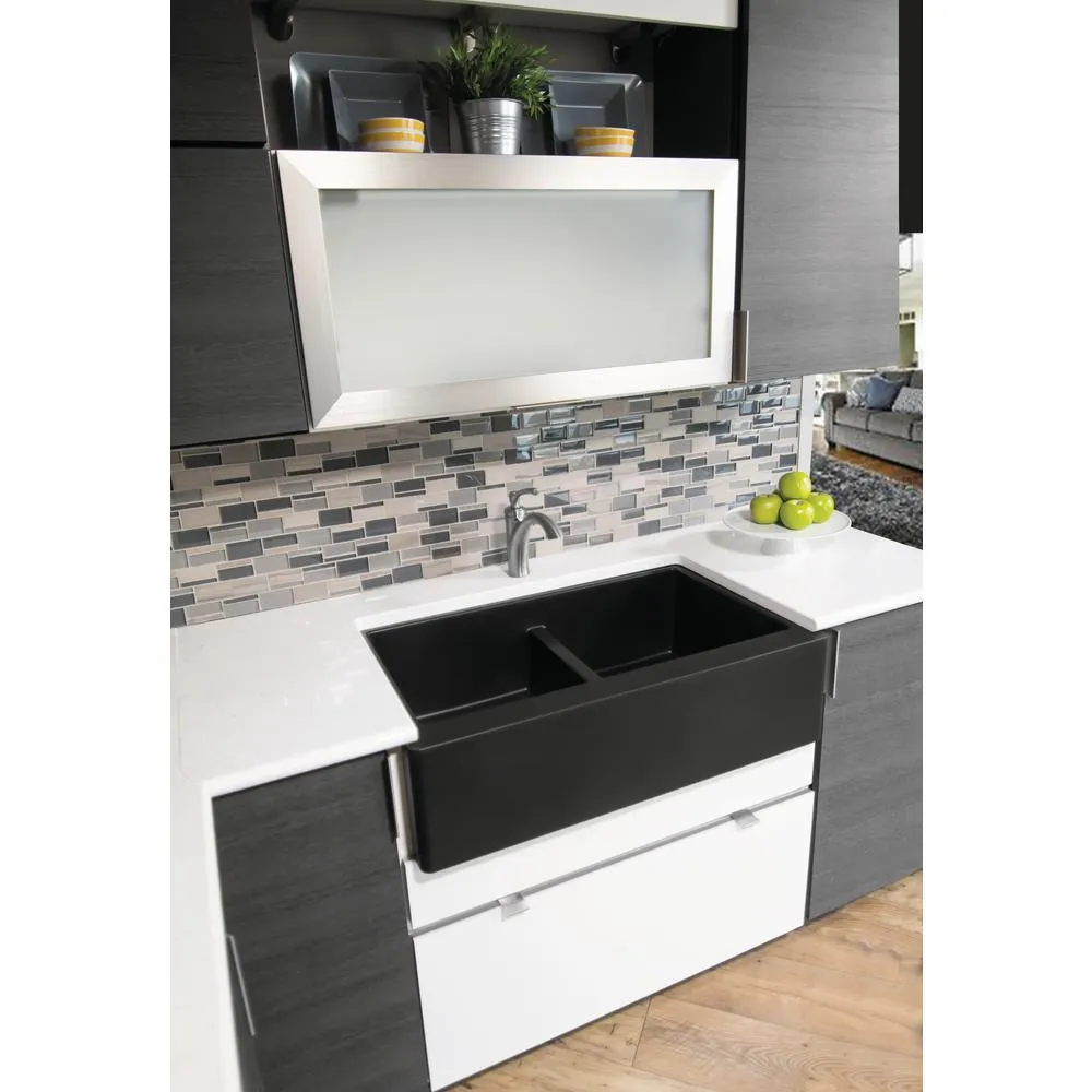 Farmhouse Apron Front Quartz Composite 34 in. Double Bowl Kitchen Sink in Black, photo 14 of 20