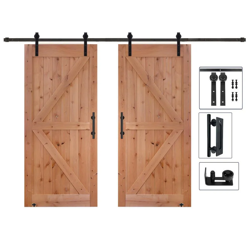 LUBANN 60 in. x 84 in. Assembled Bi-Parting Rustic Unfinished Hardwood Interior Sliding Barn Door Slab with Hardware Kit, photo 11 of 13