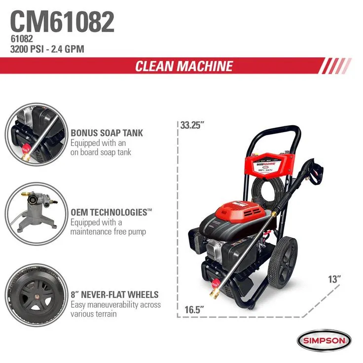 Simpson Clean Machine by SIMPSON CM61082 3200 PSI at 2.4 GPM 196cc Cold Water Residential Gas Pressure Washer, photo 3 of 7