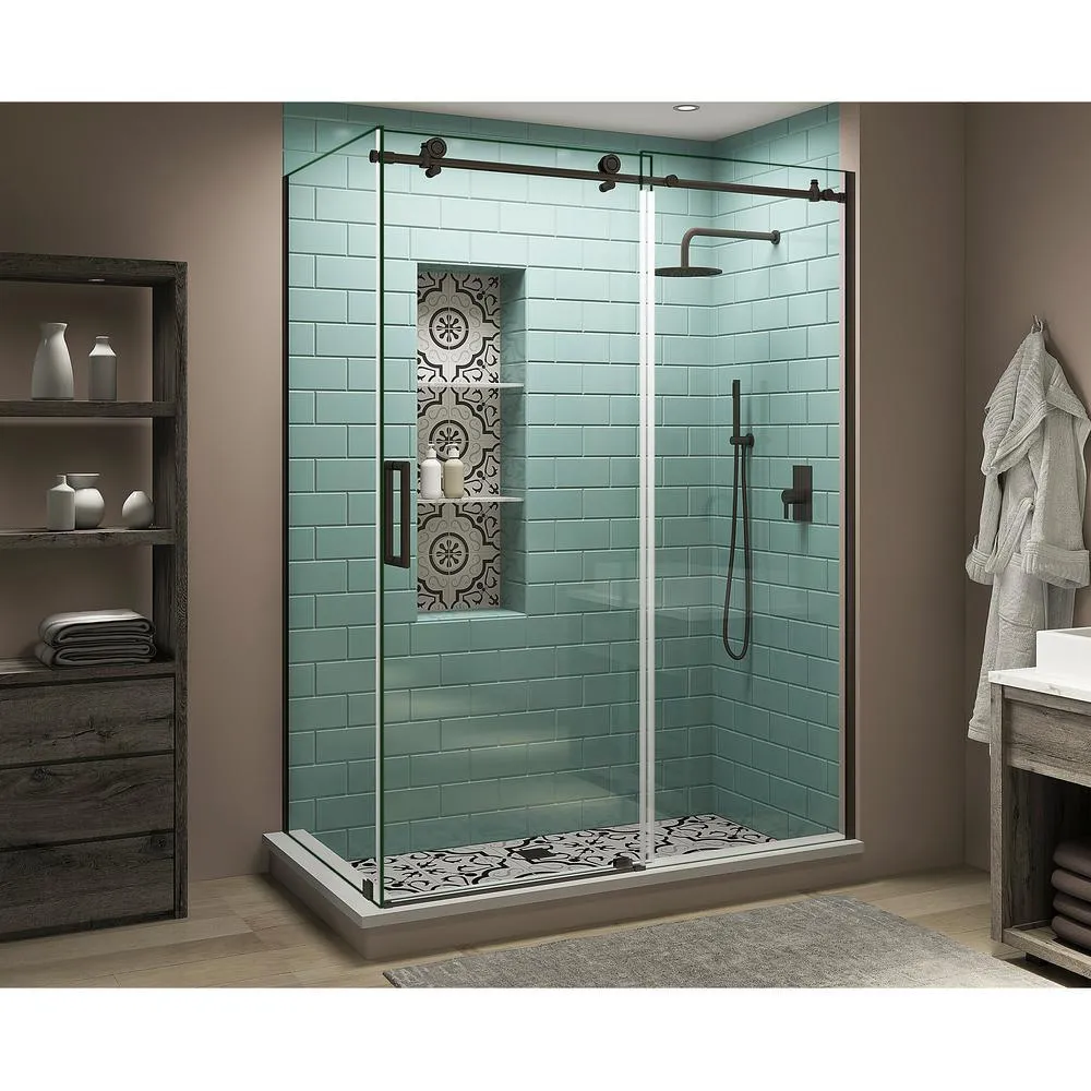 60 in. - 64 in. x 34 in. x 80 in. Frameless Corner Sliding Shower Enclosure Clear Glass in Oil Rubbed Bronze Left, photo 8 of 11