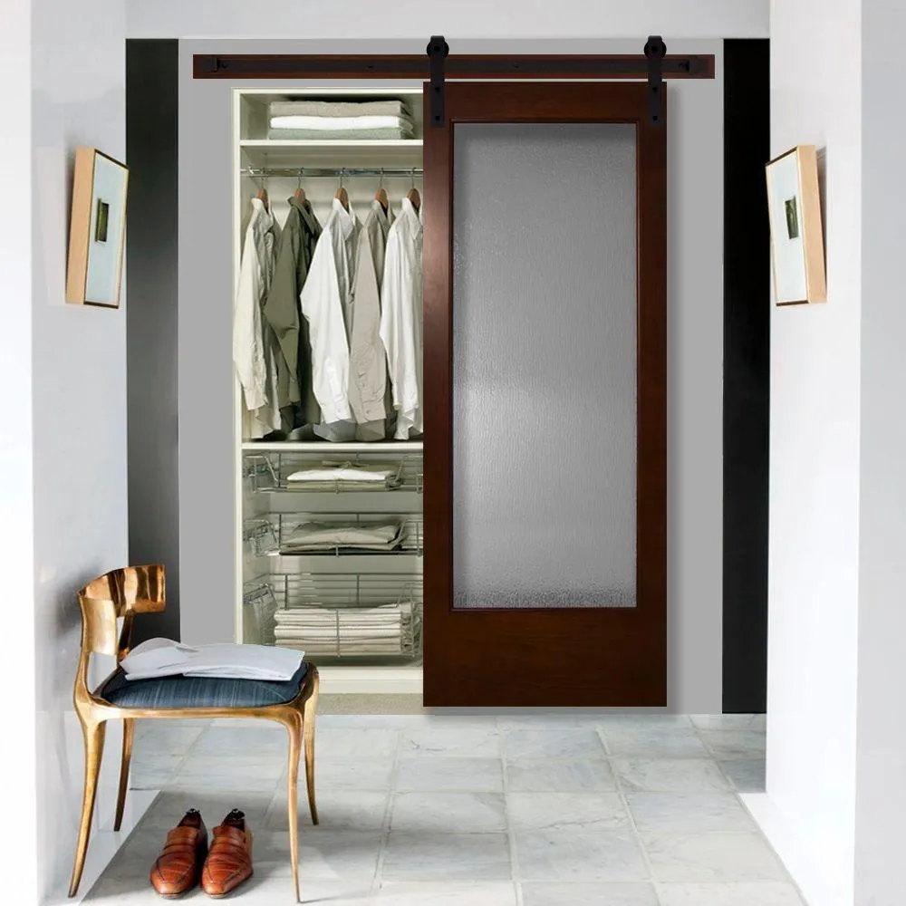 Steves & Sons 30 in. x 84 in. Modern Full Lite Rain Glass Stained Pine Interior Sliding Barn Door with Hardware Kit, photo 2 of 9