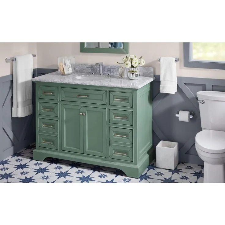 Windlowe 49 in. W x 22 in. D x 35 in. H Bath Vanity in Green with Carrera Marble Vanity Top in White with White Sink, photo 11 of 17