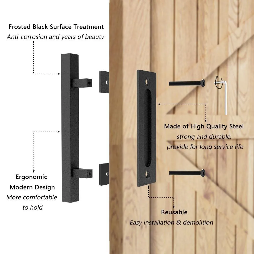 Boyel Living 12 in. Black Square Pull and Flush Sliding Barn Door Handle Set, photo 5 of 7