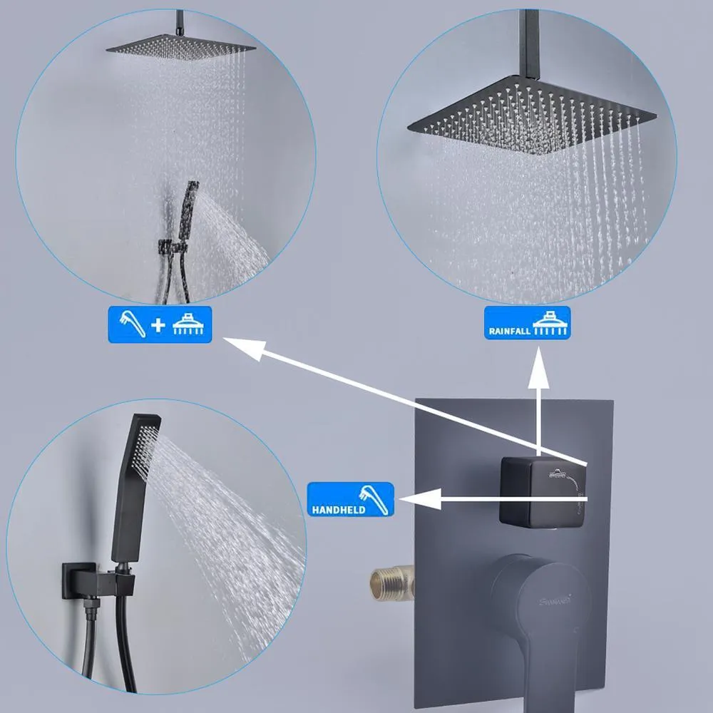 1-Spray Patterns with 2.38 GPM 12 in. Ceiling Mount Dual Shower Heads with Rough-In Valve Body and Trim in Matte Black, photo 7 of 9