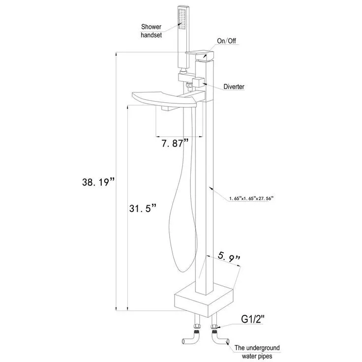 1-Handle Freestanding Floor Mount Roman Tub Faucet Bathtub Filler with Waterfall Style and Hand Shower in Chrome, photo 3 of 10