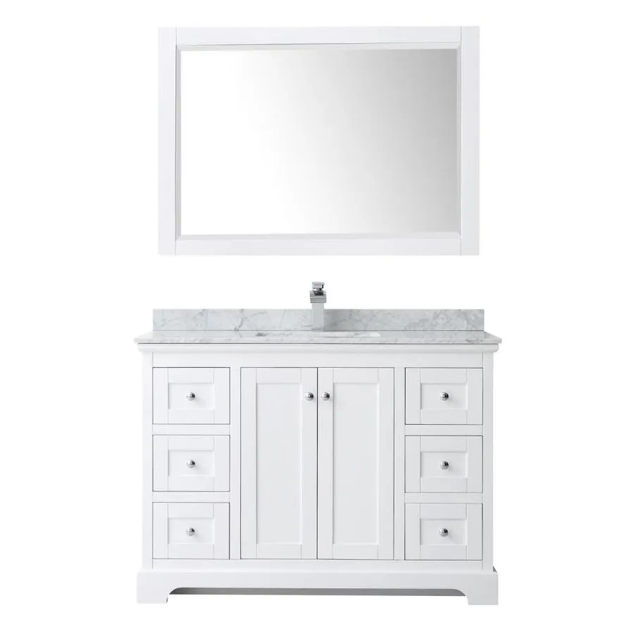 Wyndham Collection Avery 48-in White Single Sink Bathroom Vanity with White Carrara Marble Top, Mirror Included, photo 2 of 12